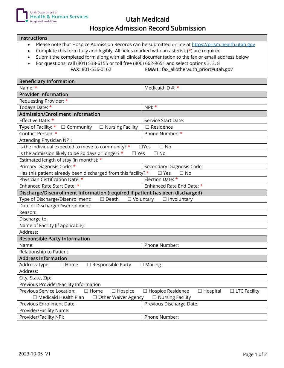 Hospice Admission Record Submission - Utah, Page 1