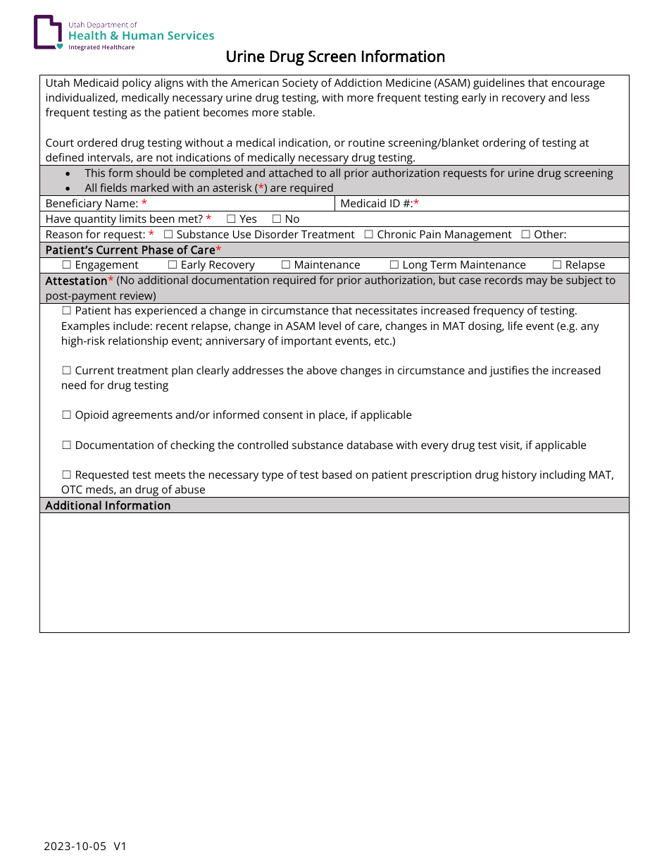 Utah Urine Drug Screen Information Download Fillable PDF | Templateroller