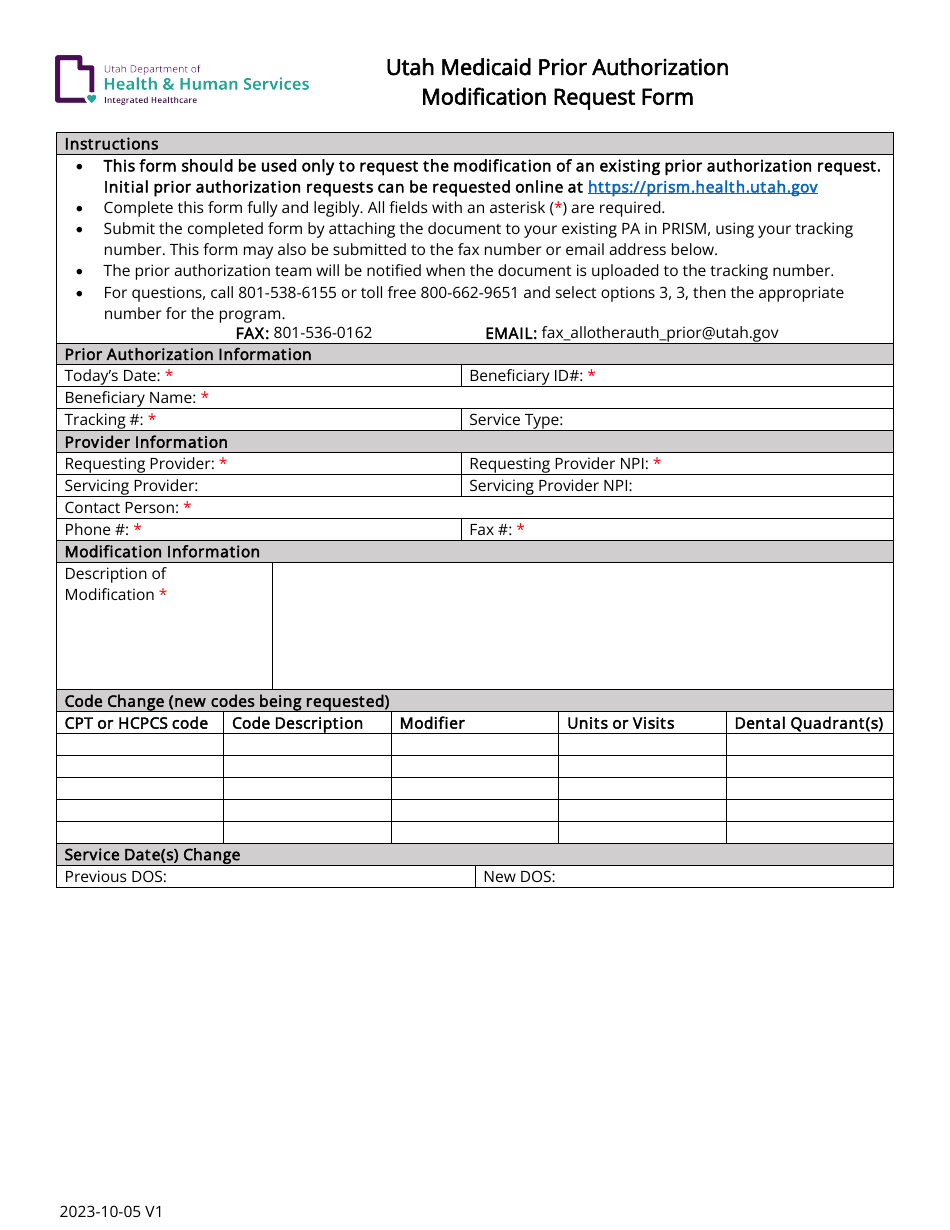 Utah Medicaid Prior Authorization Modification Request Form - Utah, Page 1