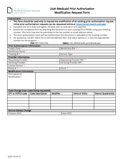 Utah Medicaid Prior Authorization Modification Request Form - Utah Download Pdf