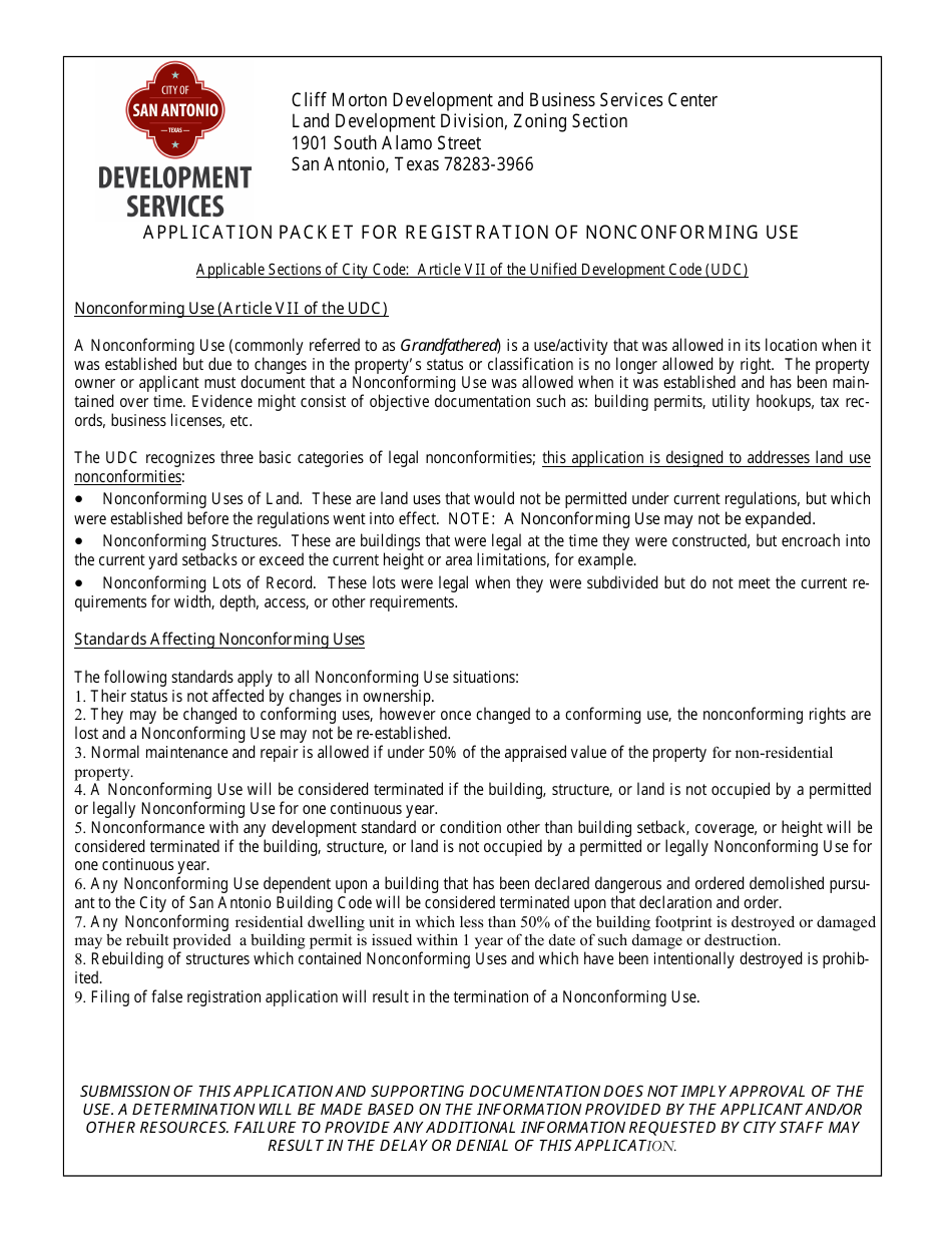 Application to Register a Nonconforming Use - City of San Antonio, Texas, Page 1