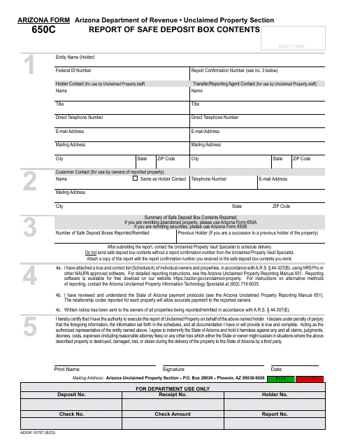 Arizona Form 650C (ADOR10757) Report of Safe Deposit Box Contents - Arizona