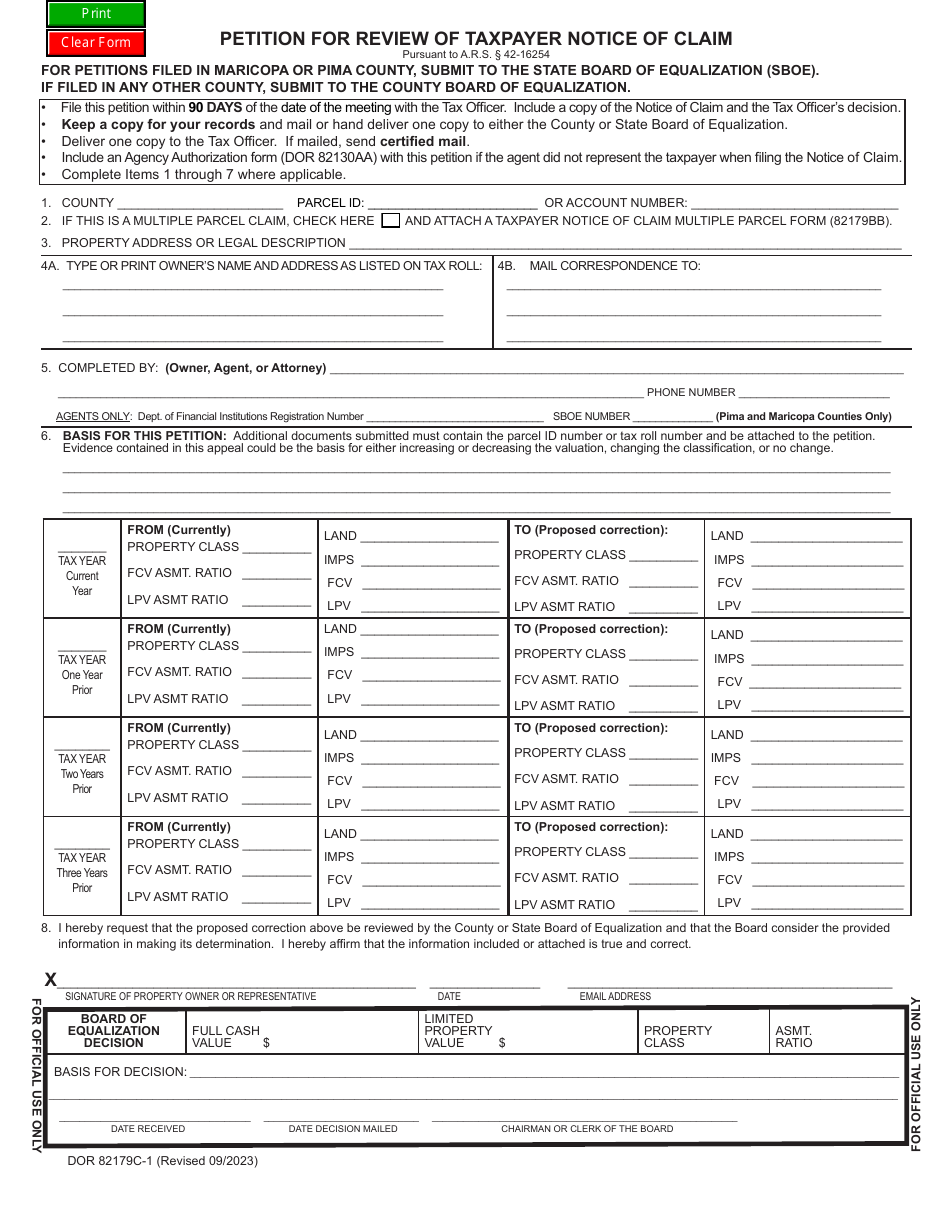 Form DOR82179C-1 Petition for Review of Taxpayer Notice of Claim - Arizona, Page 1