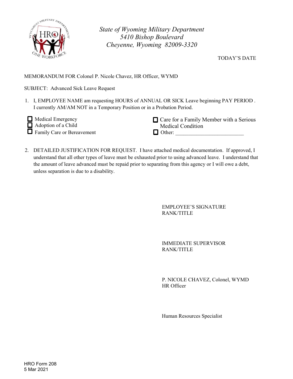 HRO Form 208 Advanced Sick Leave Request - Wyoming, Page 1
