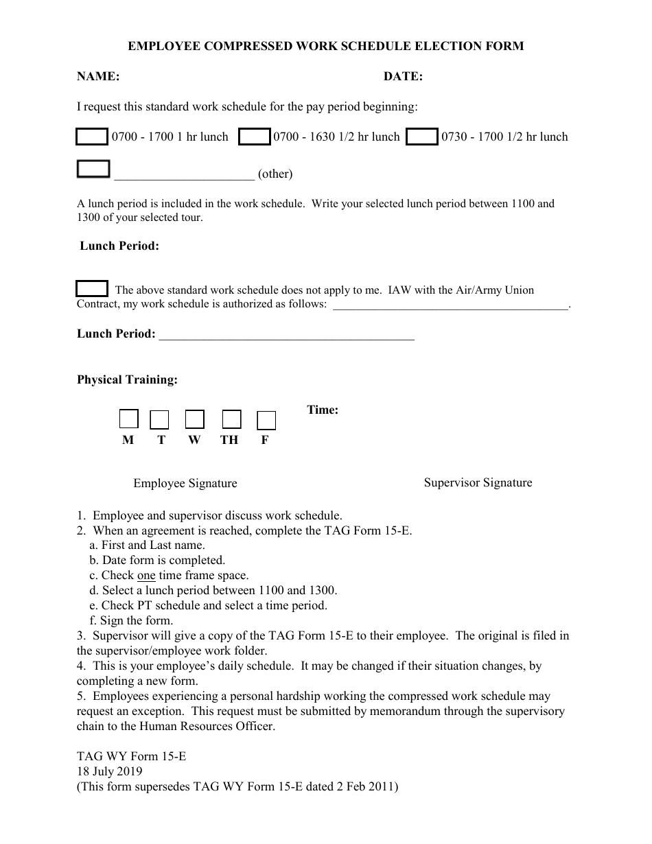 TAG WY Form 15-E Employee Compressed Work Schedule Election Form - Wyoming, Page 1