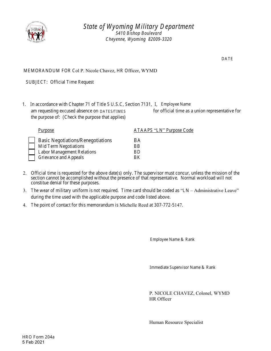 HRO Form 204A Official Time Request - Wyoming, Page 1