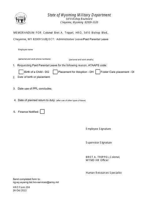 HRO Form 204 Administrative Leave/Paid Parental Leave Request - Wyoming