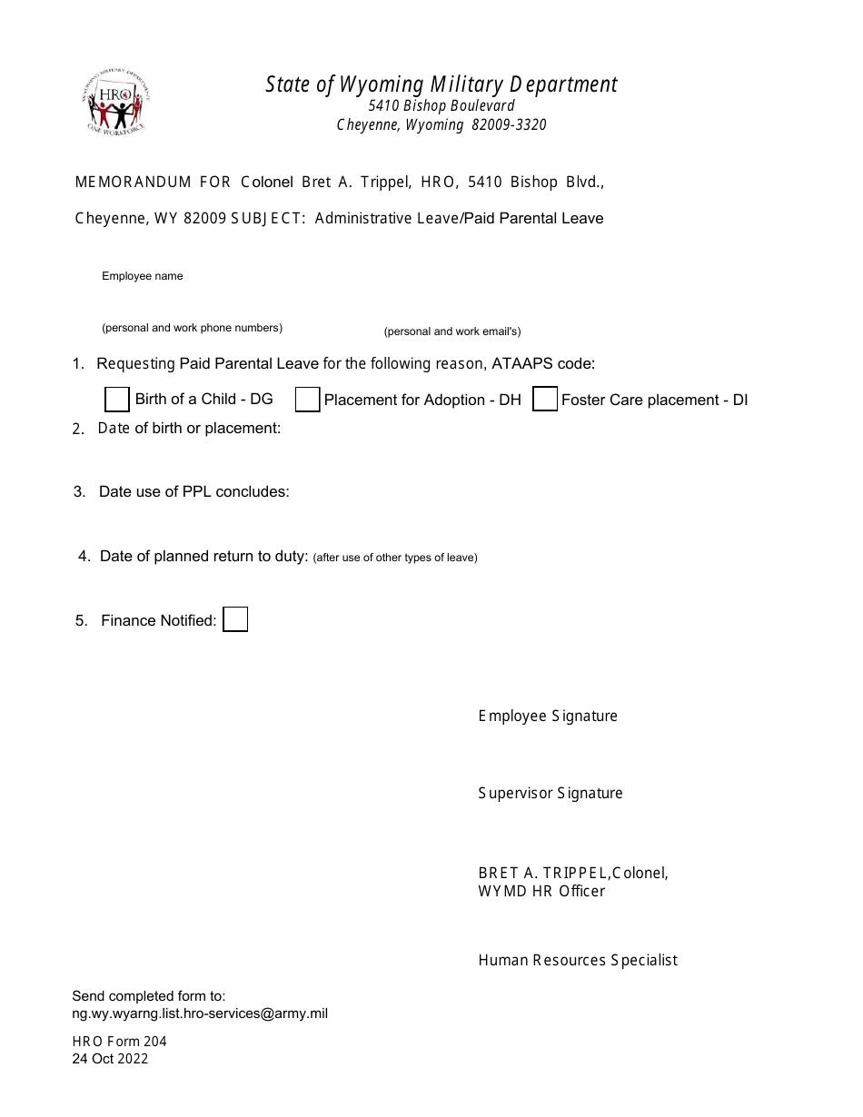 HRO Form 204 Administrative Leave / Paid Parental Leave Request - Wyoming, Page 1