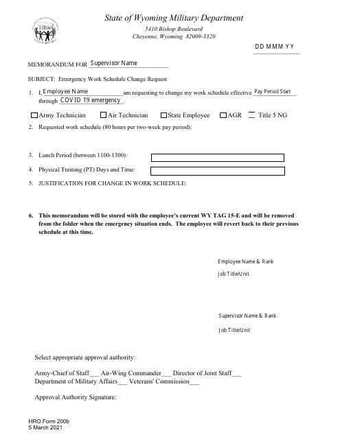 HRO Form 200B  Printable Pdf