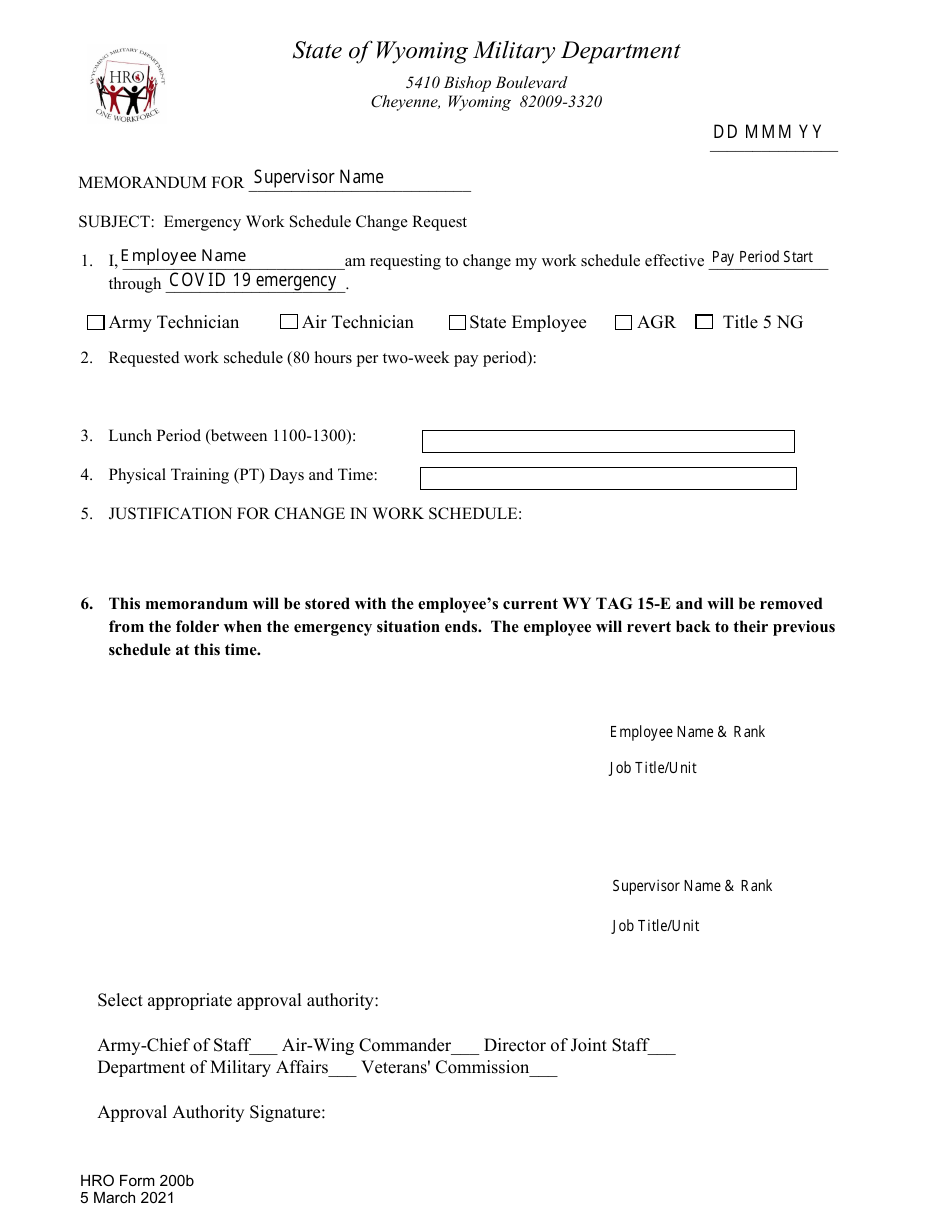HRO Form 200B Emergency Work Schedule Change Request - Wyoming, Page 1