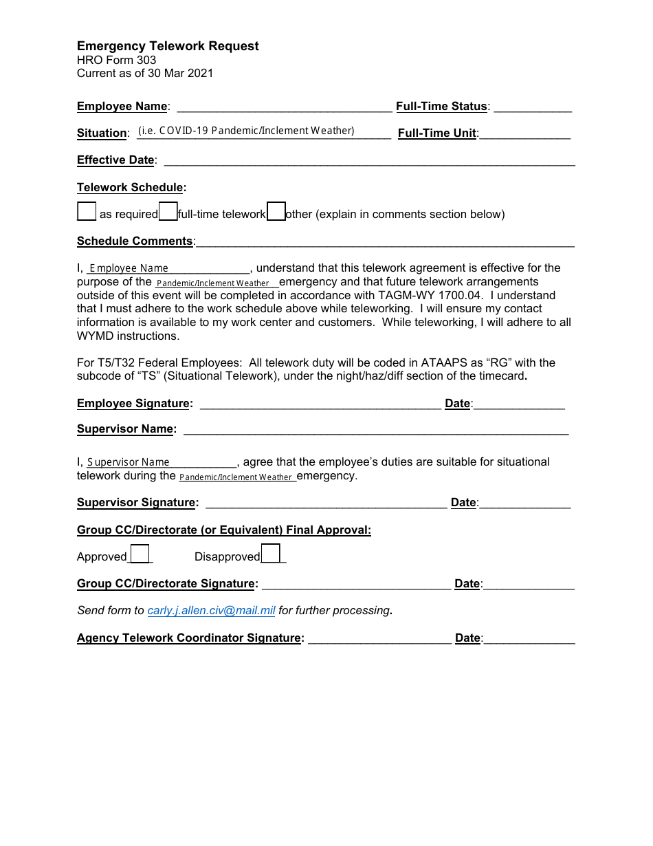 HRO Form 303 Emergency Telework Request - Wyoming, Page 1