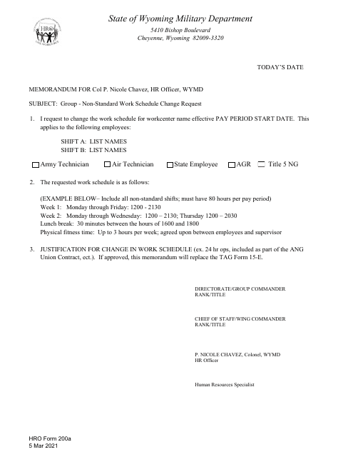HRO Form 200A Group - Non-standard Work Schedule Change Request - Wyoming