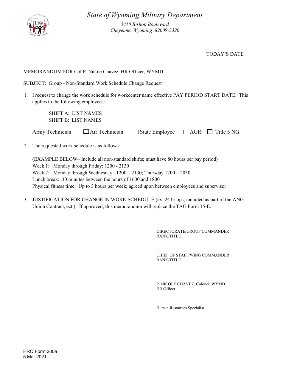 HRO Form 200A Group - Non-standard Work Schedule Change Request - Wyoming, Page 1