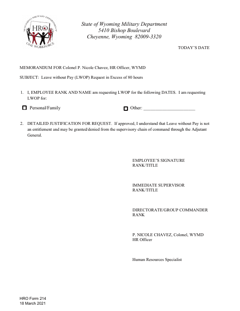 HRO Form 214 Leave Without Pay (Lwop) Request in Excess of 80 Hours - Wyoming