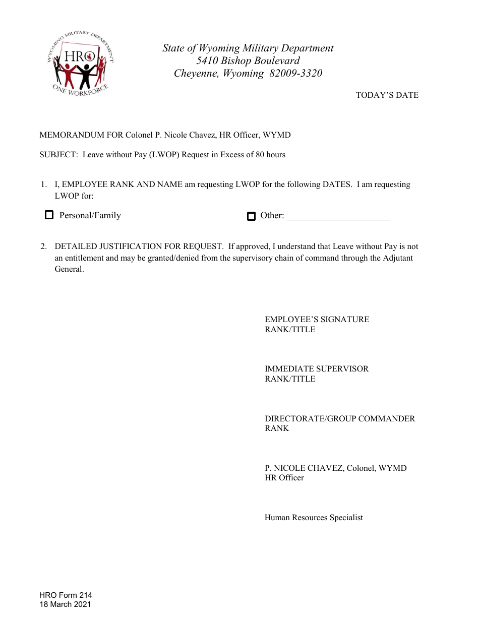 HRO Form 214 Leave Without Pay (Lwop) Request in Excess of 80 Hours - Wyoming, Page 1