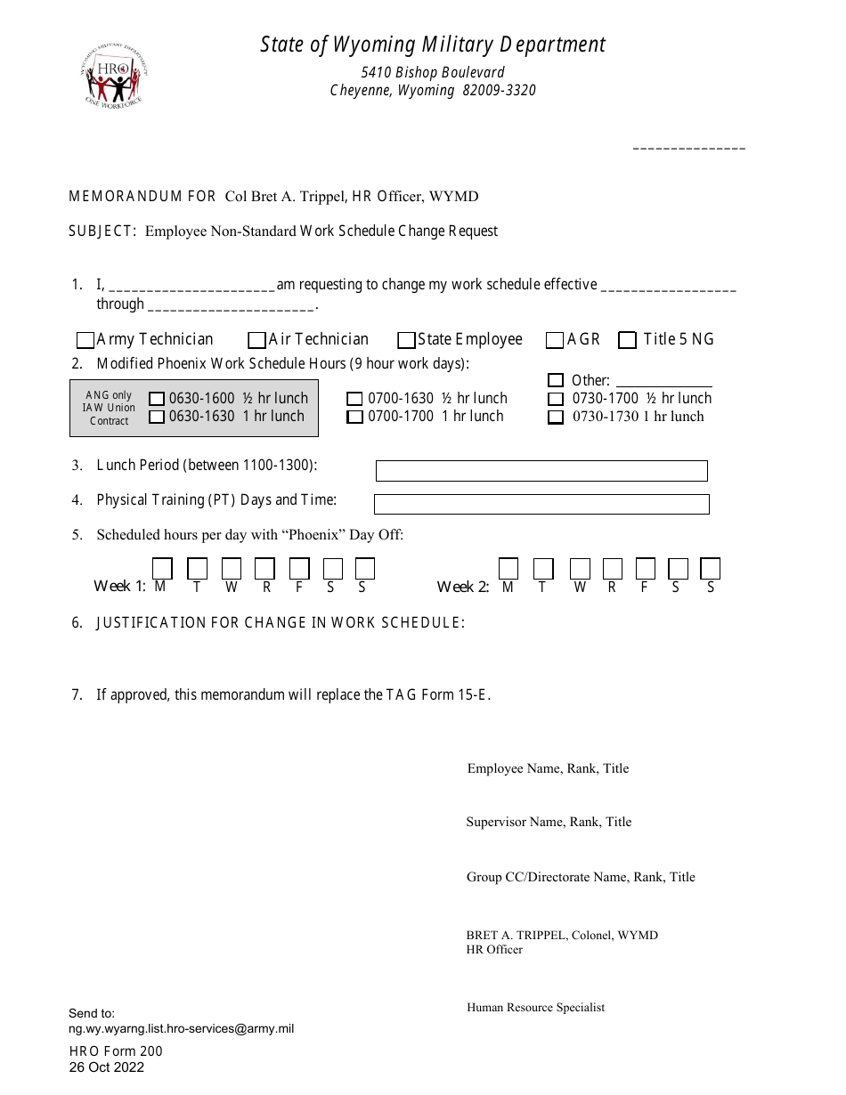 HRO Form 200 Employee Non-standard Work Schedule Change Request - Wyoming, Page 1