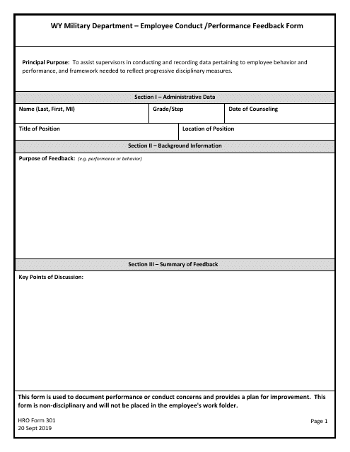HRO Form 301 Employee Conduct/Performance Feedback Form - Wyoming