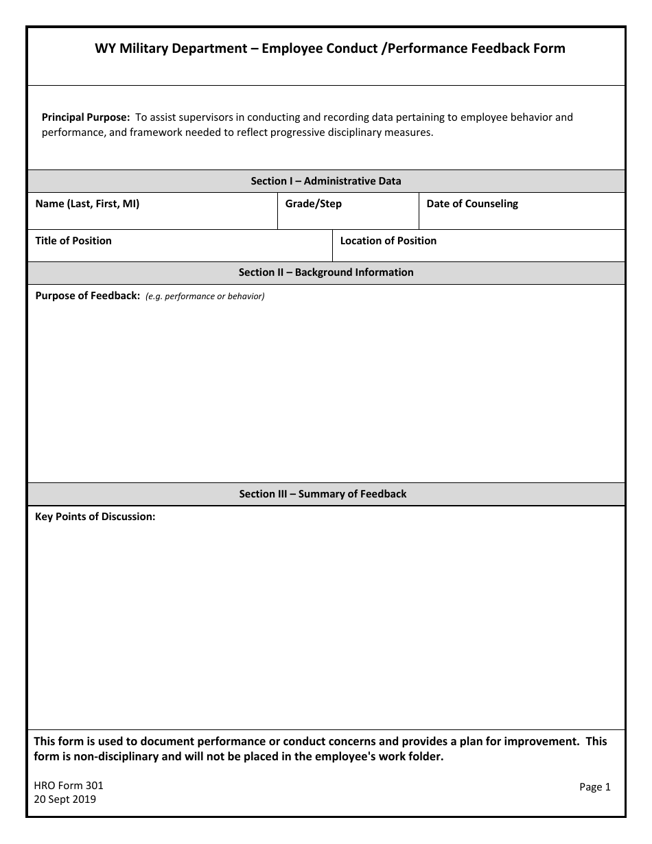 HRO Form 301 Employee Conduct / Performance Feedback Form - Wyoming, Page 1