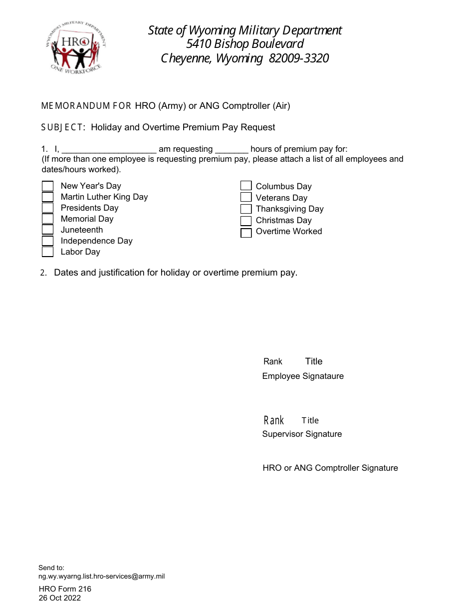 HRO Form 216 Holiday and Overtime Premium Pay Request - Wyoming, Page 1