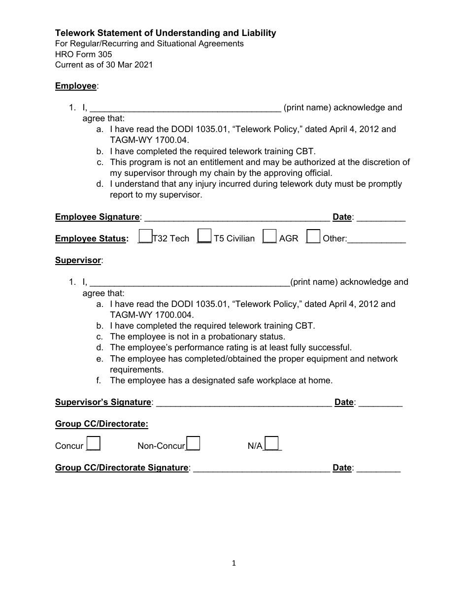 HRO Form 305 Telework Statement of Understanding and Liability for Regular / Recurring and Situational Agreements - Wyoming, Page 1