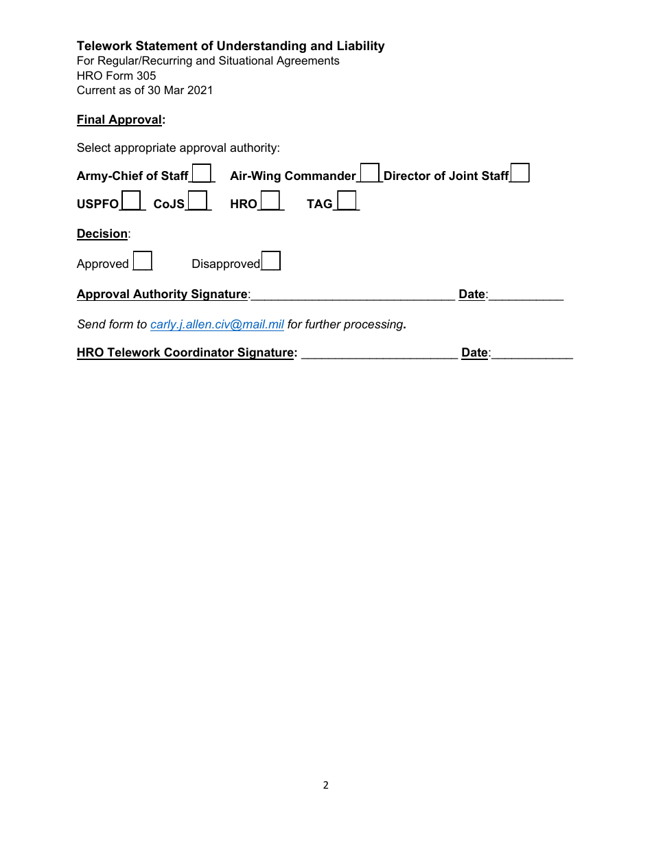 HRO Form 305 Telework Statement of Understanding and Liability for Regular / Recurring and Situational Agreements - Wyoming, Page 2