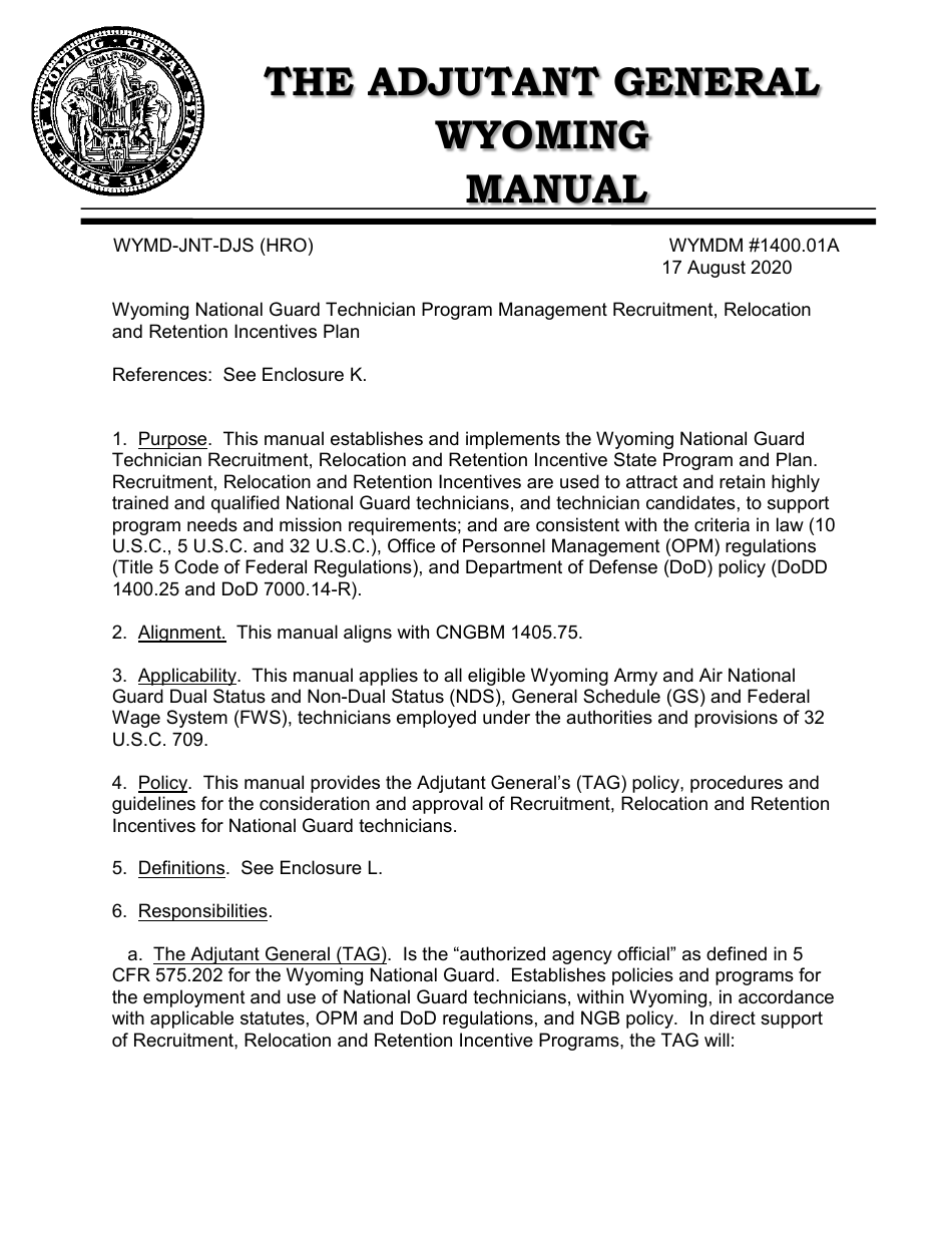Form WYMD-JNT-DJS (HRO) Technician Program Management Recruitment, Relocation and Retention Incentive Plan - Wyoming, Page 1