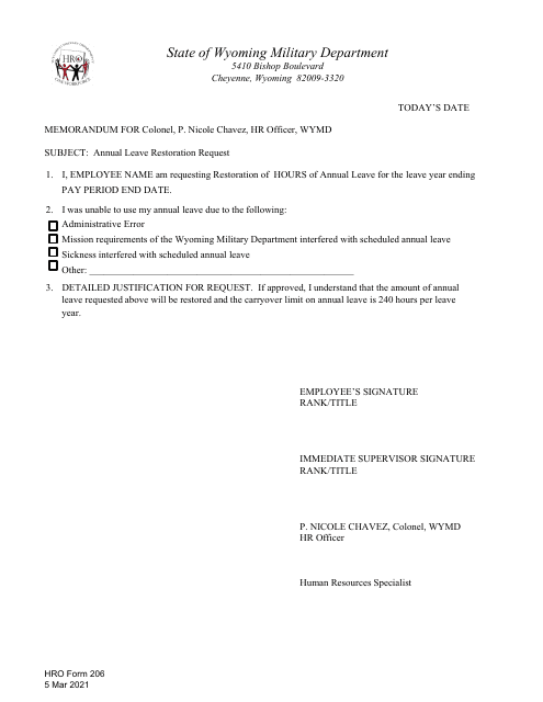 HRO Form 206 Annual Leave Restoration Request - Wyoming