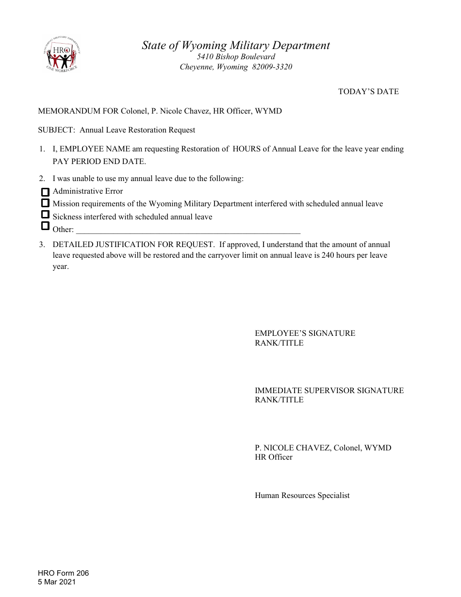HRO Form 206 Annual Leave Restoration Request - Wyoming, Page 1