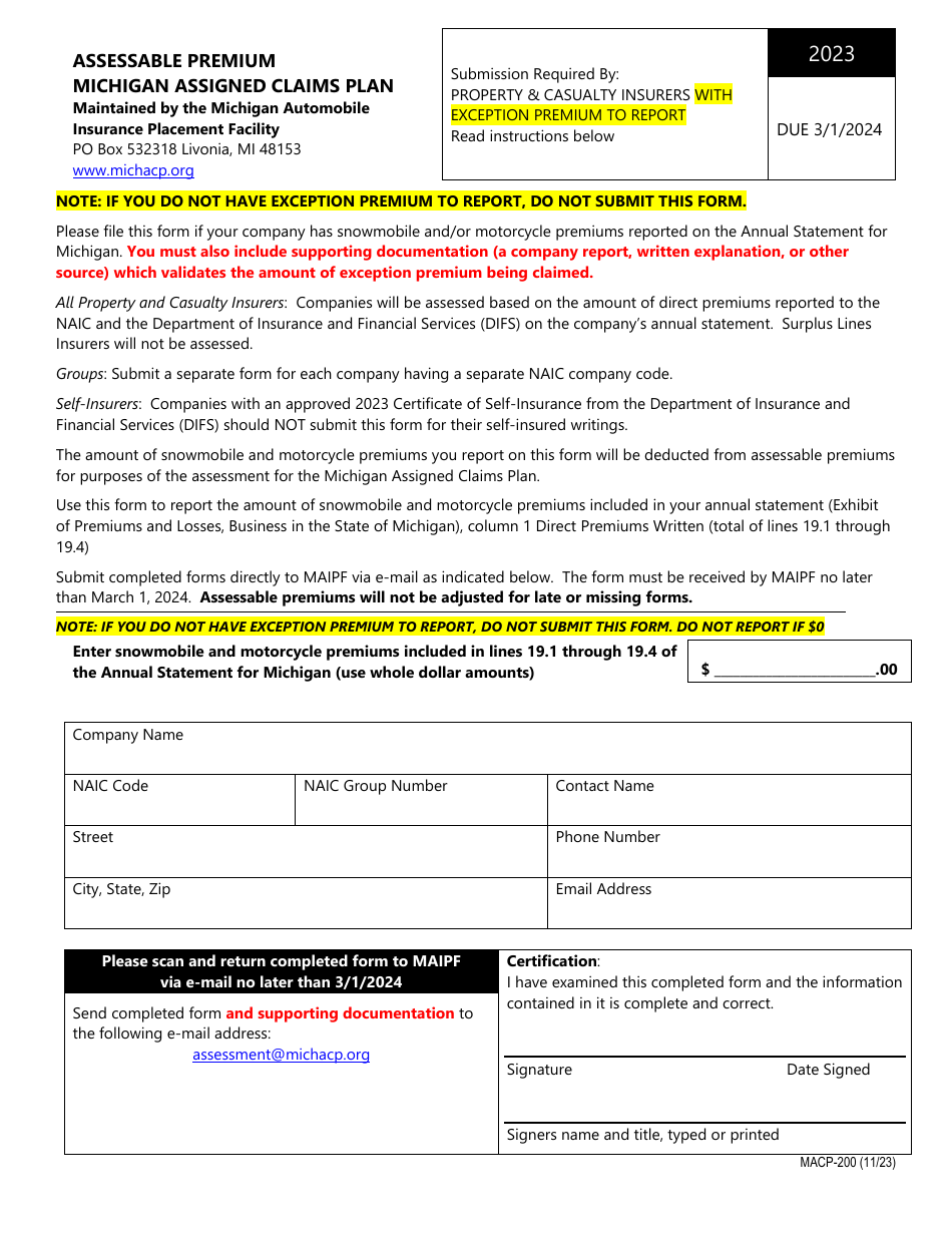 Form MACP-200 Assessable Premium Michigan Assigned Claims Plan - Michigan, Page 1