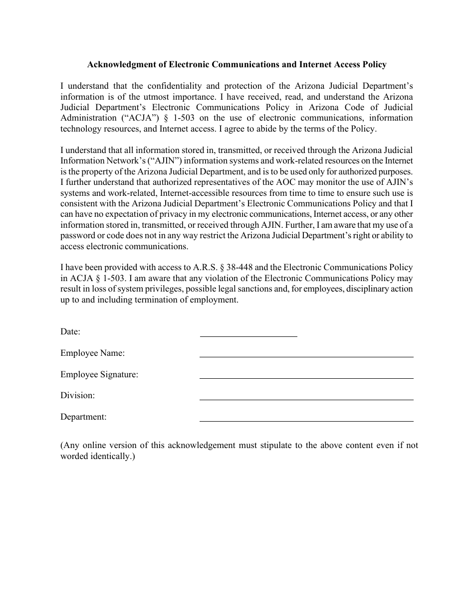 Acknowledgment of Electronic Communications and Internet Access Policy - Arizona, Page 11