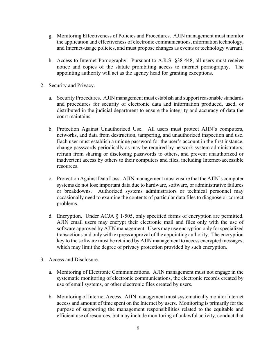 Acknowledgment of Electronic Communications and Internet Access Policy - Arizona, Page 8