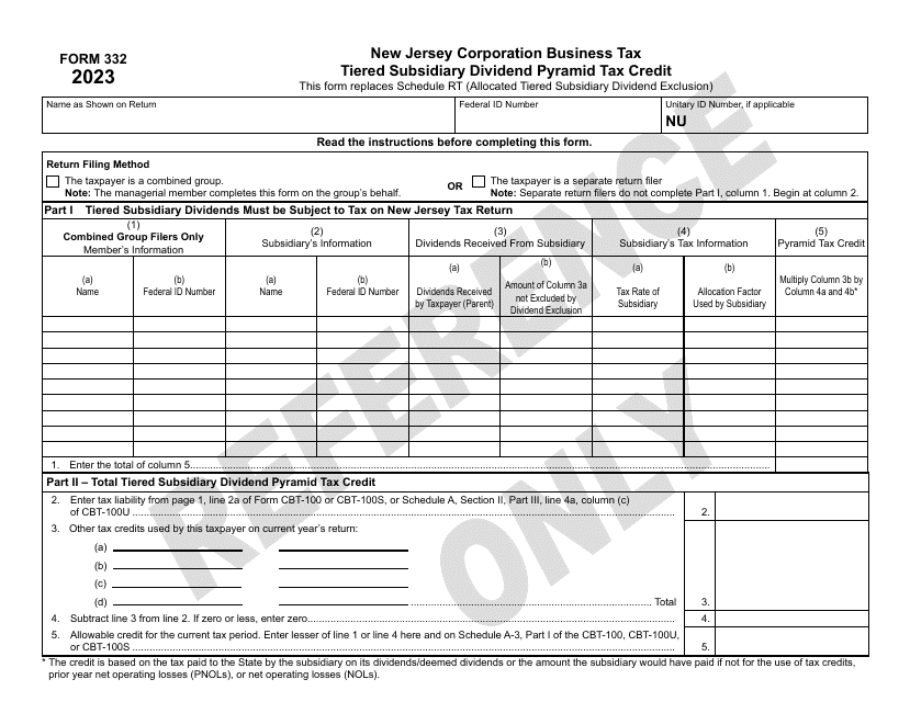 Form 332 Tiered Subsidiary Dividend Pyramid Tax Credit - New Jersey, 2023