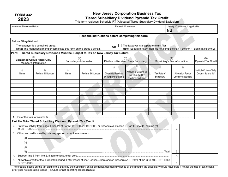 Form 332 Tiered Subsidiary Dividend Pyramid Tax Credit - New Jersey, Page 1