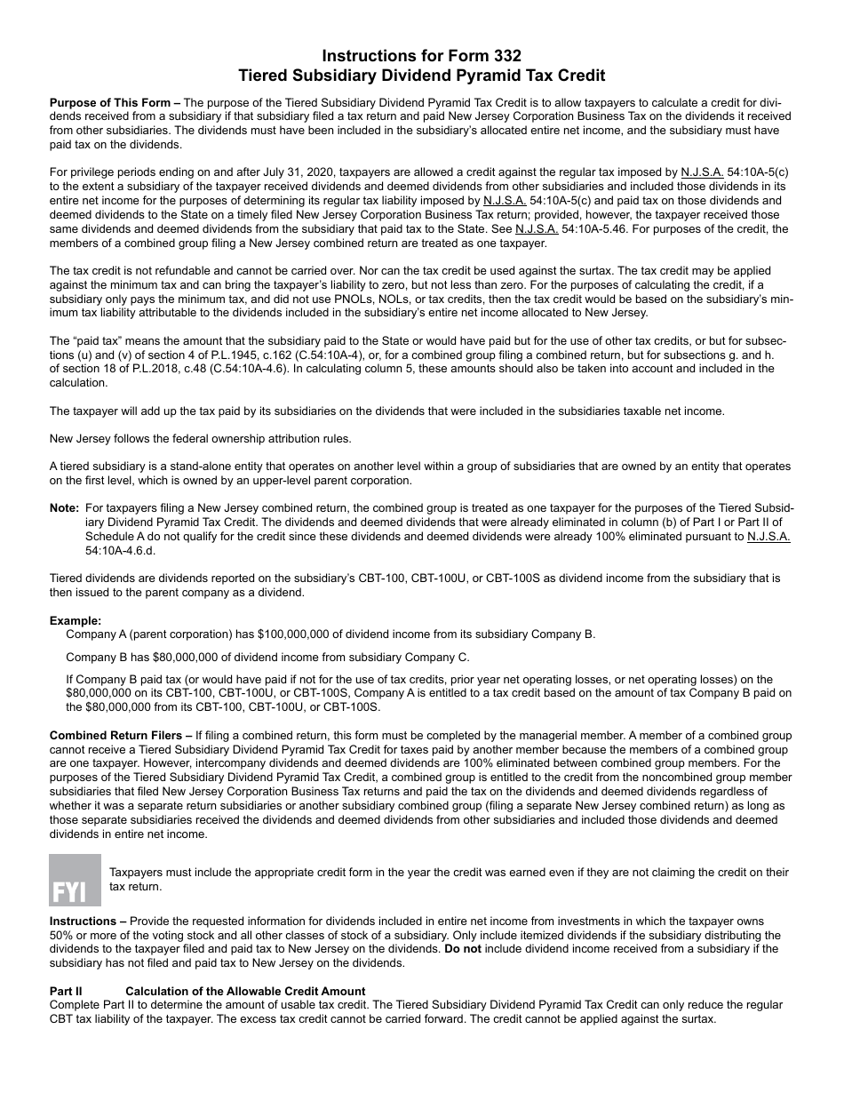 Form 332 Tiered Subsidiary Dividend Pyramid Tax Credit - New Jersey, Page 2