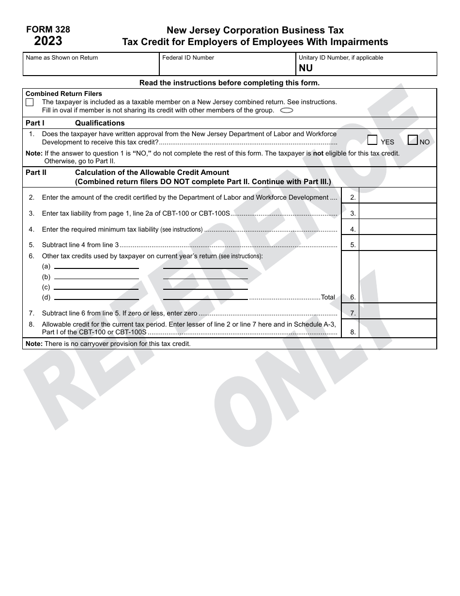 Form 328 Tax Credit for Employers of Employees With Impairments - New Jersey, Page 1