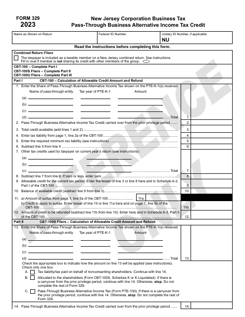 Form 329 Pass-Through Business Alternative Income Tax Credit - New Jersey, 2023