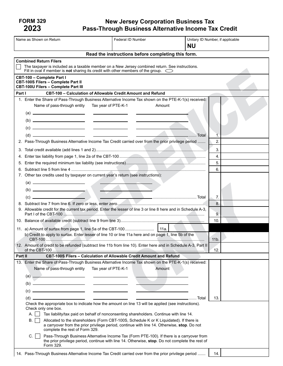 Form 329 Pass-Through Business Alternative Income Tax Credit - New Jersey, Page 1