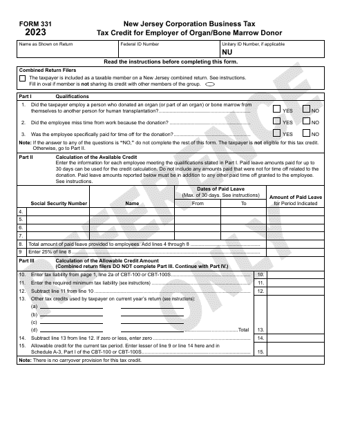 Form 331 Tax Credit for Employer of Organ/Bone Marrow Donor - New Jersey, 2023