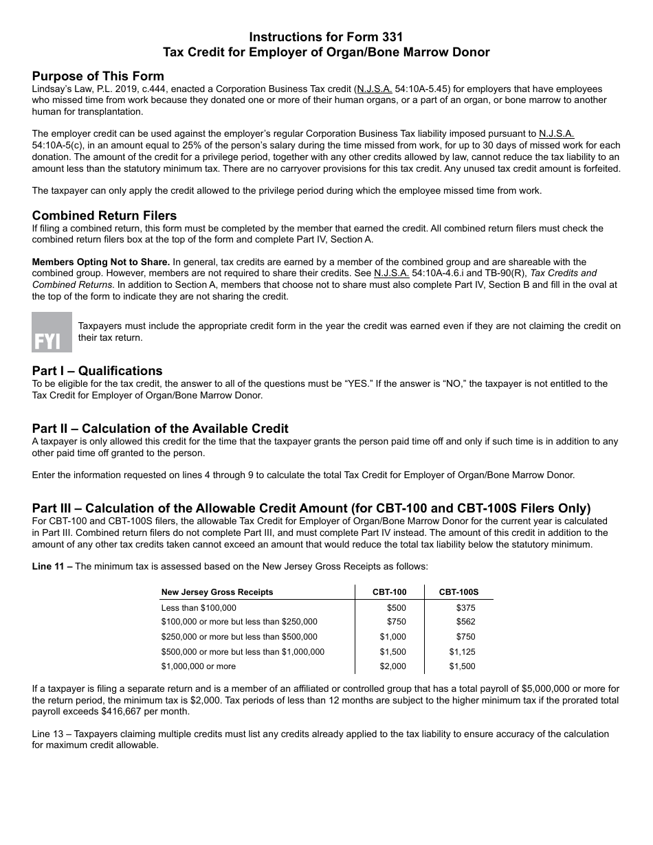 Form 331 Tax Credit for Employer of Organ / Bone Marrow Donor - New Jersey, Page 3