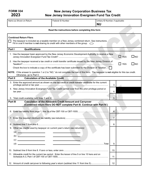 Form 334 New Jersey Innovation Evergreen Fund Tax Credit - New Jersey, 2023