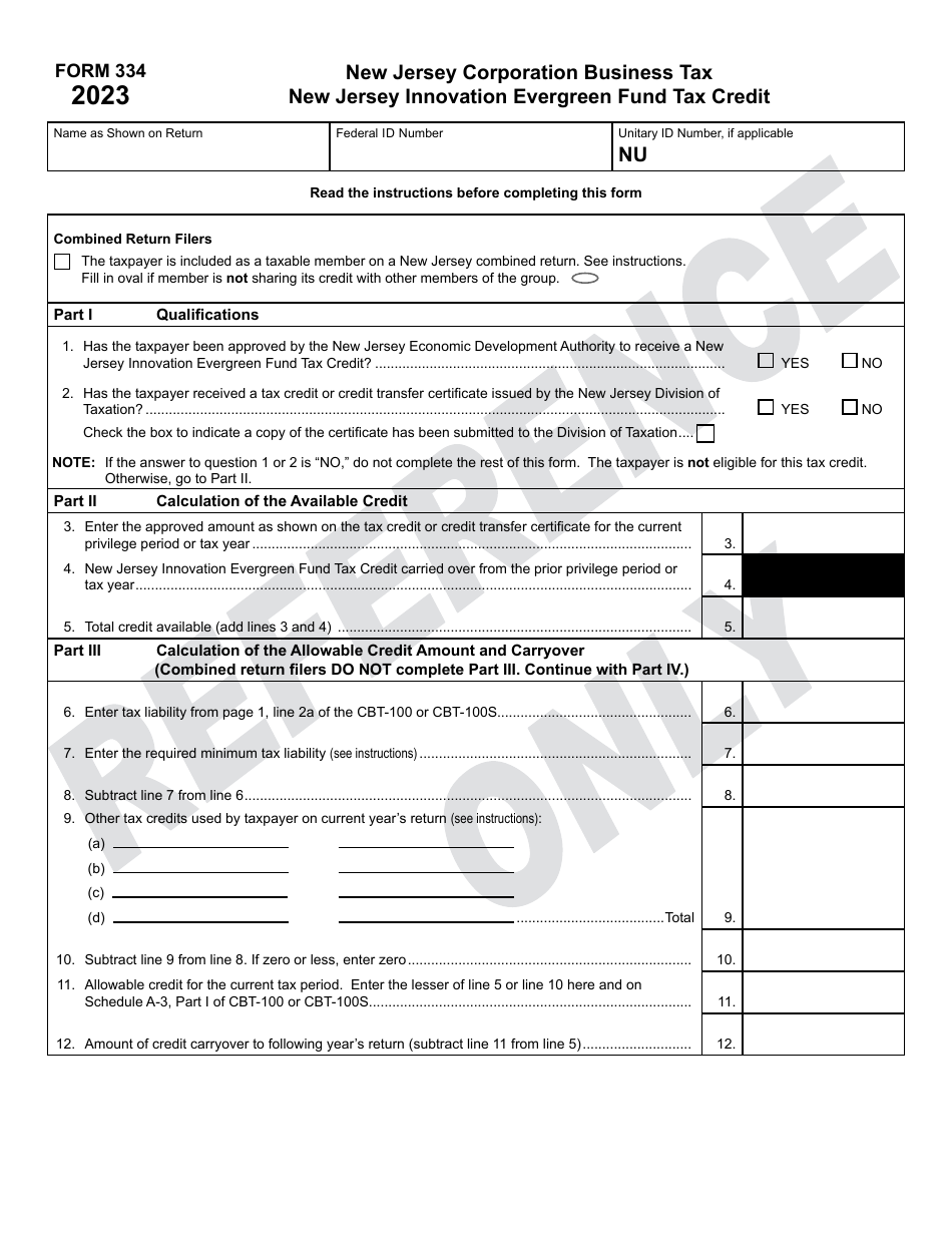 Form 334 New Jersey Innovation Evergreen Fund Tax Credit - New Jersey, Page 1