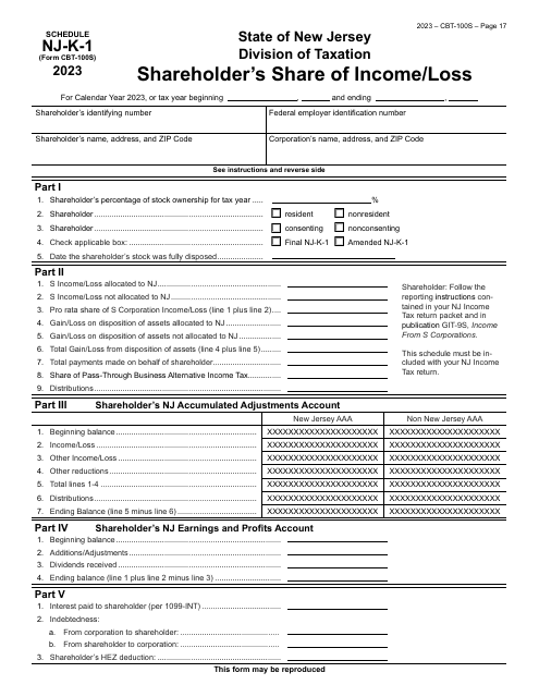 Form CBT-100S Schedule NJ-K-1 Shareholder's Share of Income/Loss - New Jersey, 2023