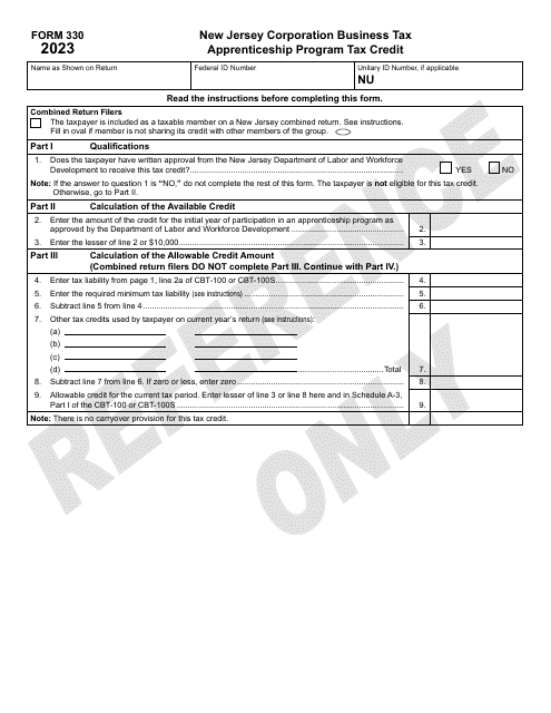 Form 330 Apprenticeship Program Tax Credit - New Jersey, 2023