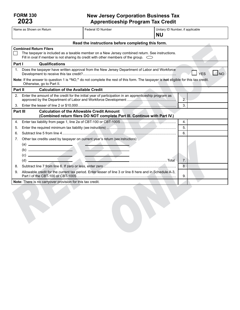 Form 330 Apprenticeship Program Tax Credit - New Jersey, Page 1