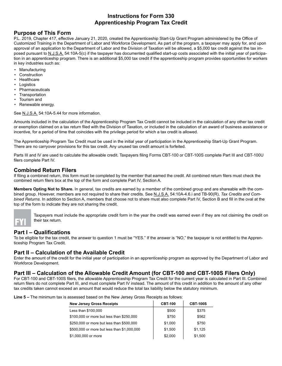 Form 330 Apprenticeship Program Tax Credit - New Jersey, Page 3