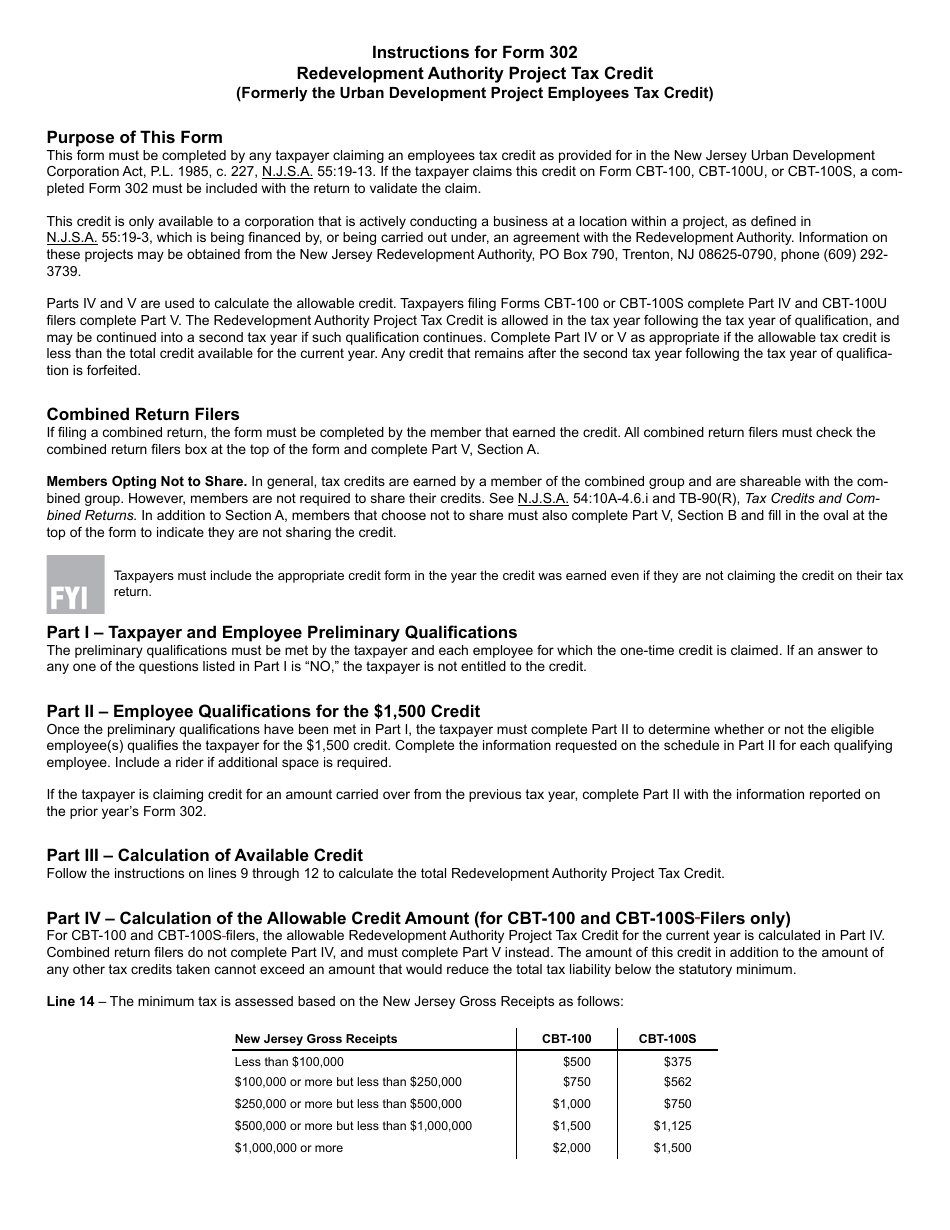 Form 302 Download Printable Pdf Or Fill Online Redevelopment Authority Project Tax Credit 2023 8996