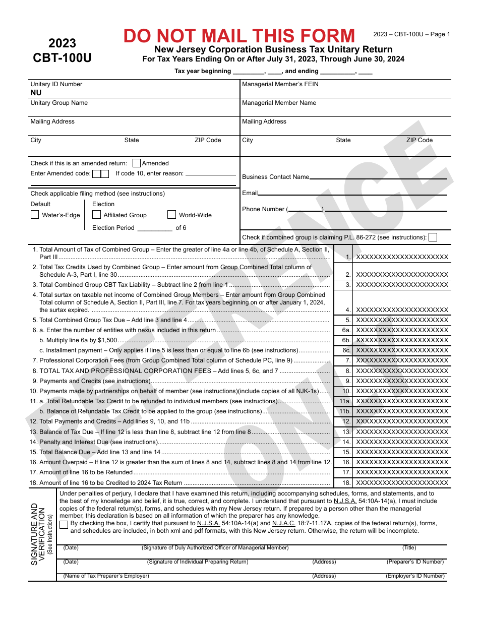 Form CBT-100U New Jersey Corporation Business Tax Unitary Return - New Jersey, Page 2
