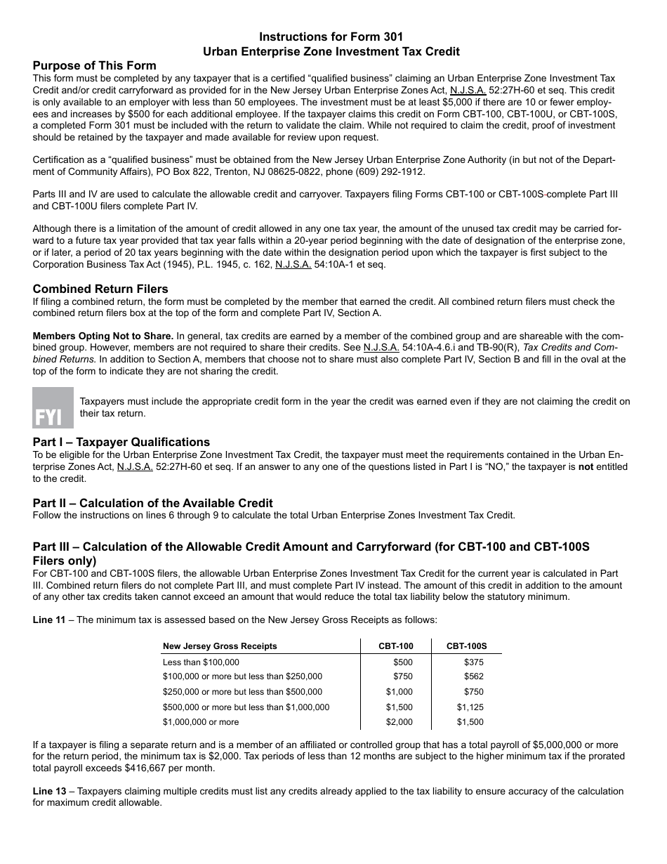 Form 301 Urban Enterprise Zone Investment Tax Credit - New Jersey, Page 3