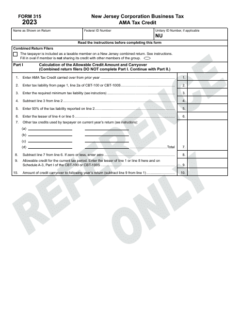 Form 315 Ama Tax Credit - New Jersey, 2023