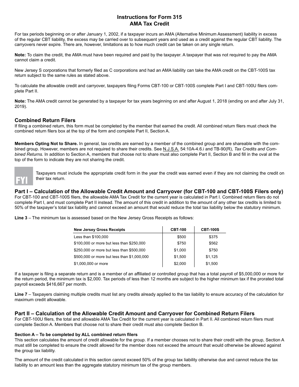 Form 315 Ama Tax Credit - New Jersey, Page 3
